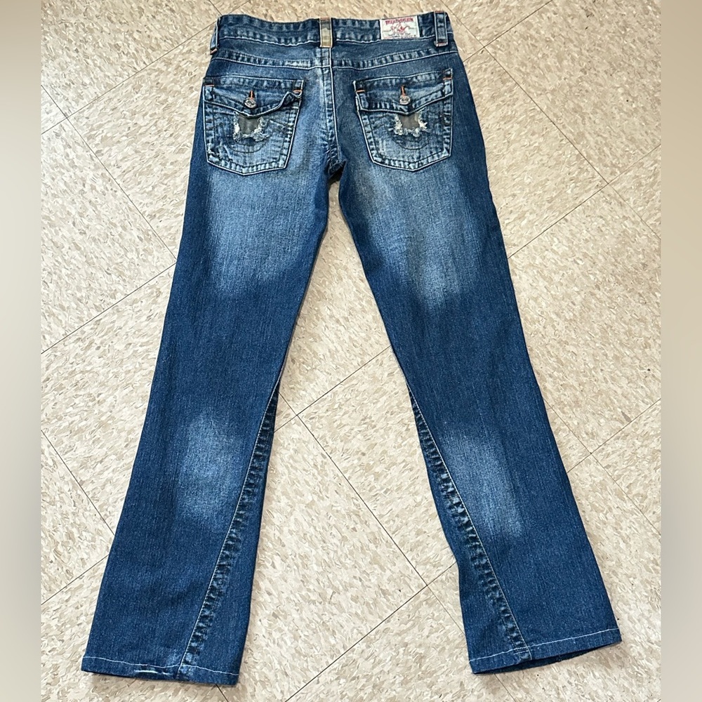 Womens True Religion Rainbow Blue Distressed Twisted Seam Flare Size 28x34